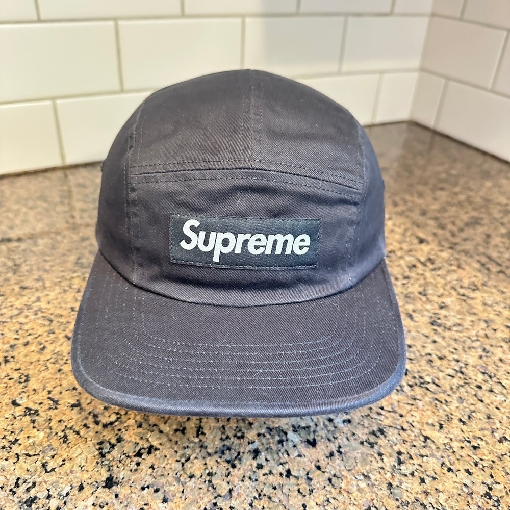 Supreme Box Logo Camp Cap Black 5 Panel Leather Strap Made In USA Hat